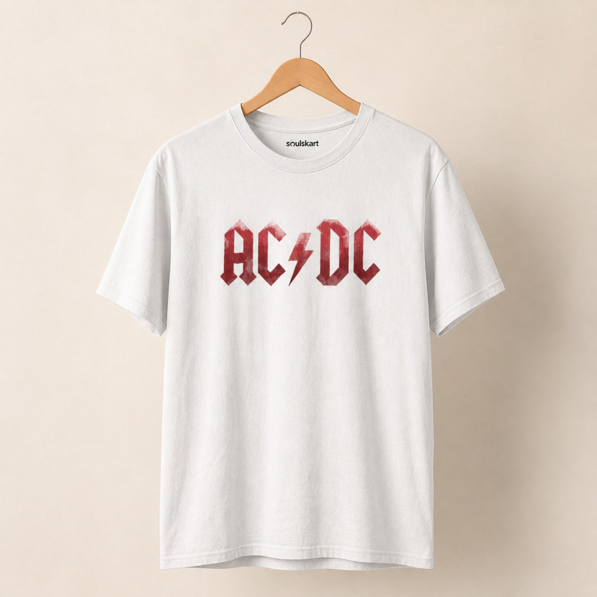 AC/DC Faded Red Logo Tee — White — on hanger