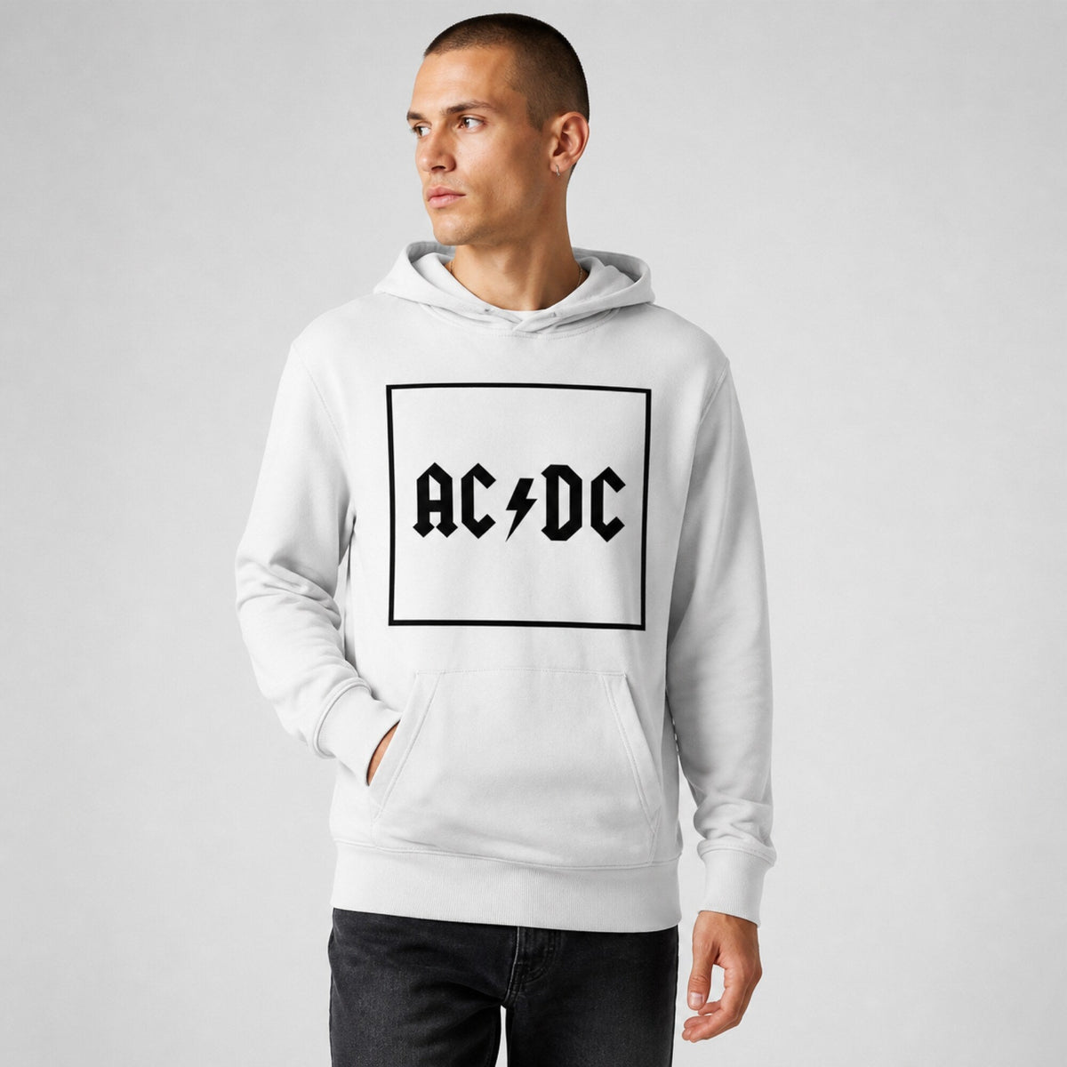 AC/DC Boxed Logo Hoodie — White — worn on model, front