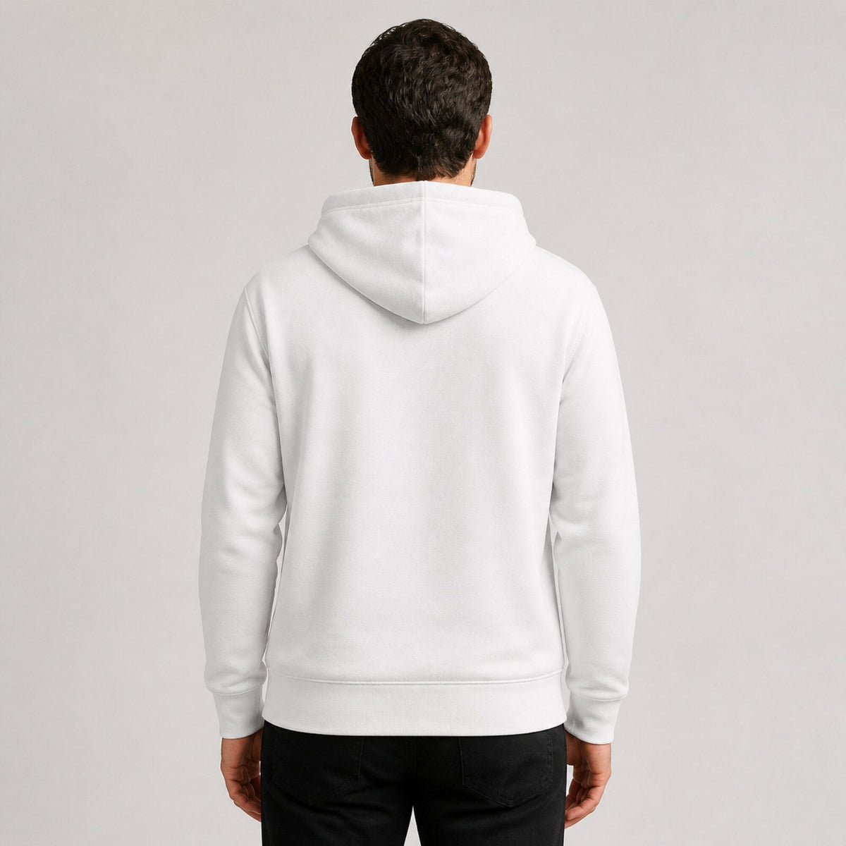 AC/DC Boxed Logo Hoodie — White — worn on model, back