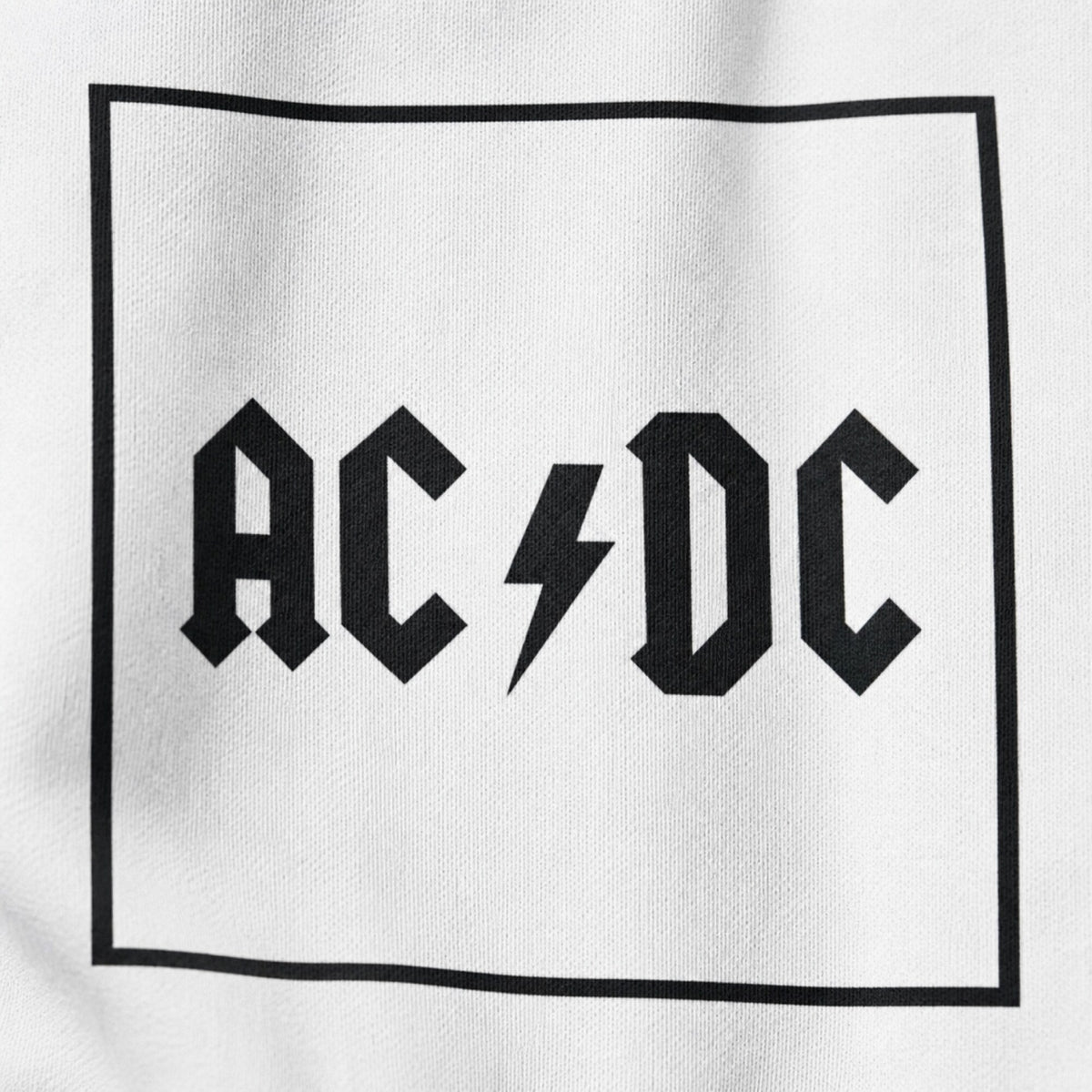 AC/DC Boxed Logo Hoodie — White — print detail close-up