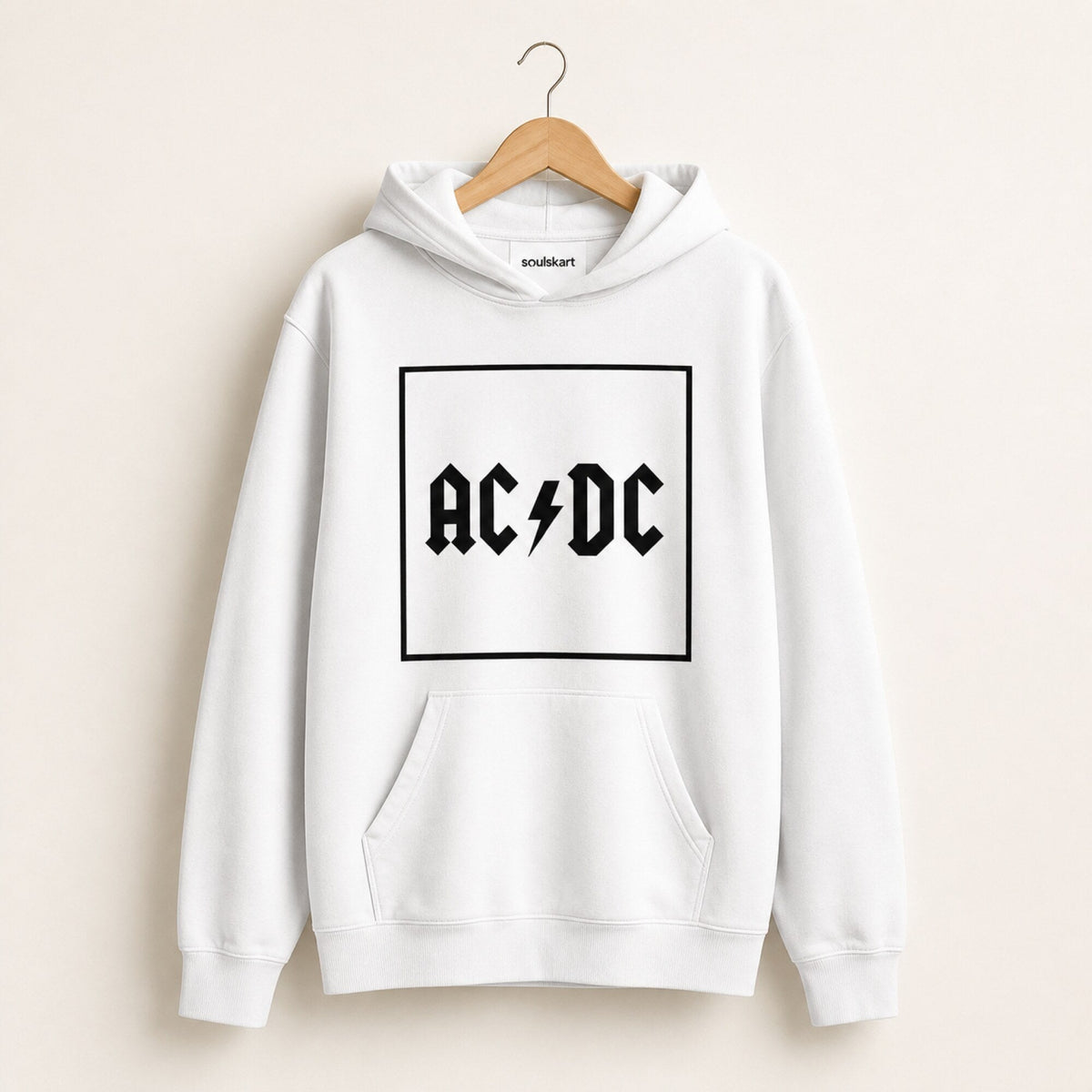 AC/DC Boxed Logo Hoodie — White — on hanger