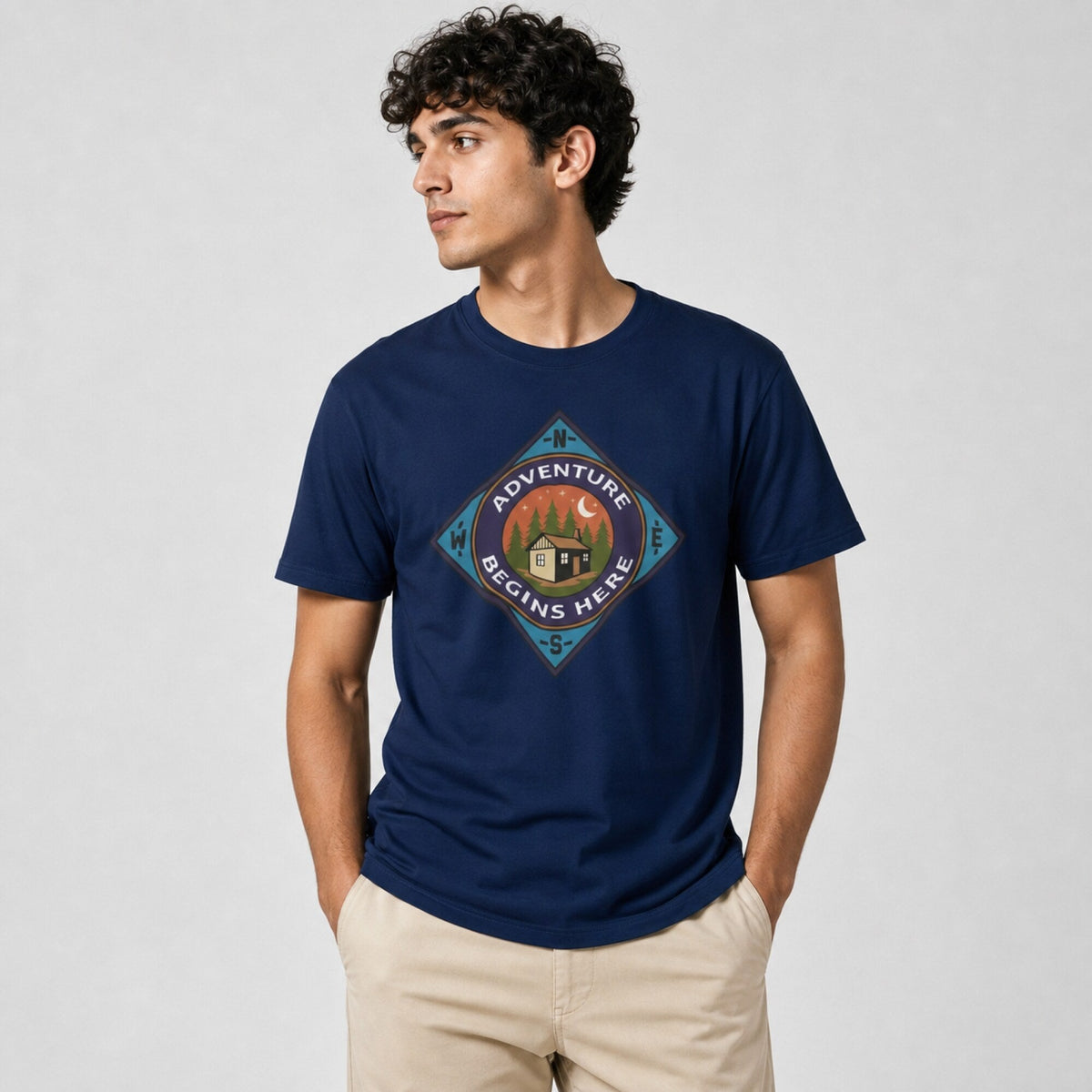 Adventure Begins Here Unisex T-Shirt — worn on model, front