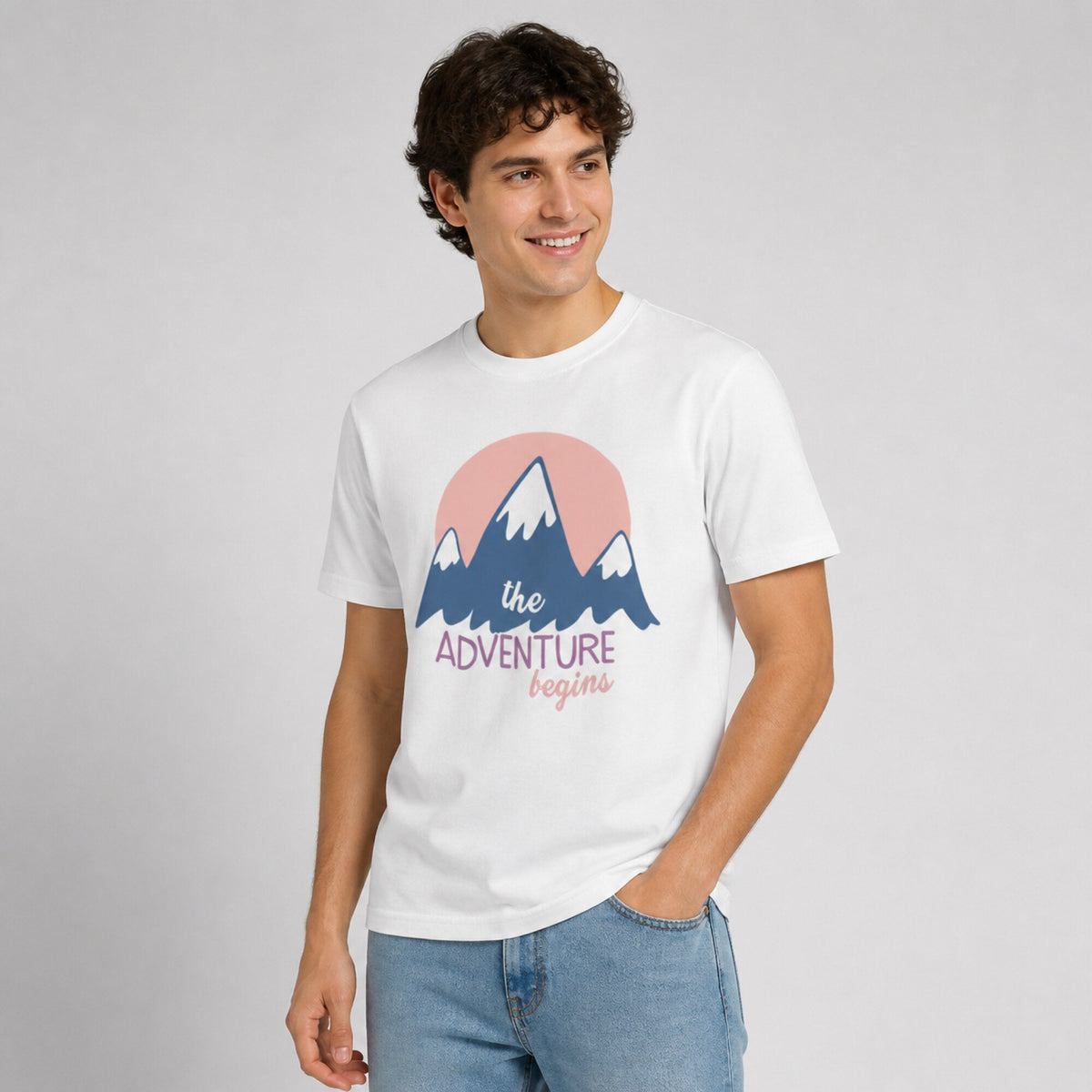 Adventure Begins Unisex T-Shirt — worn on model, front