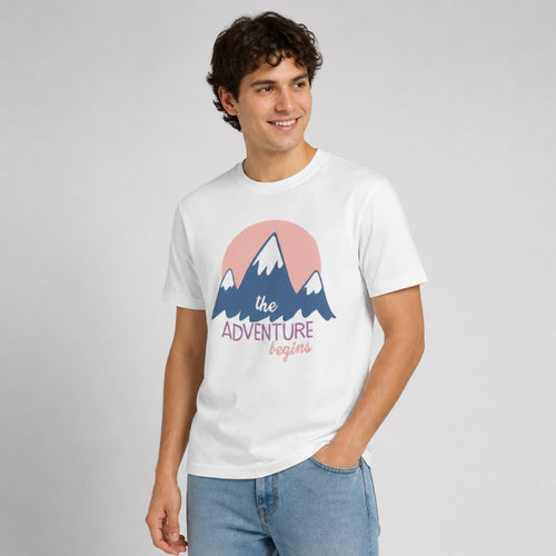 Adventure Begins Unisex T-Shirt — worn on model, front