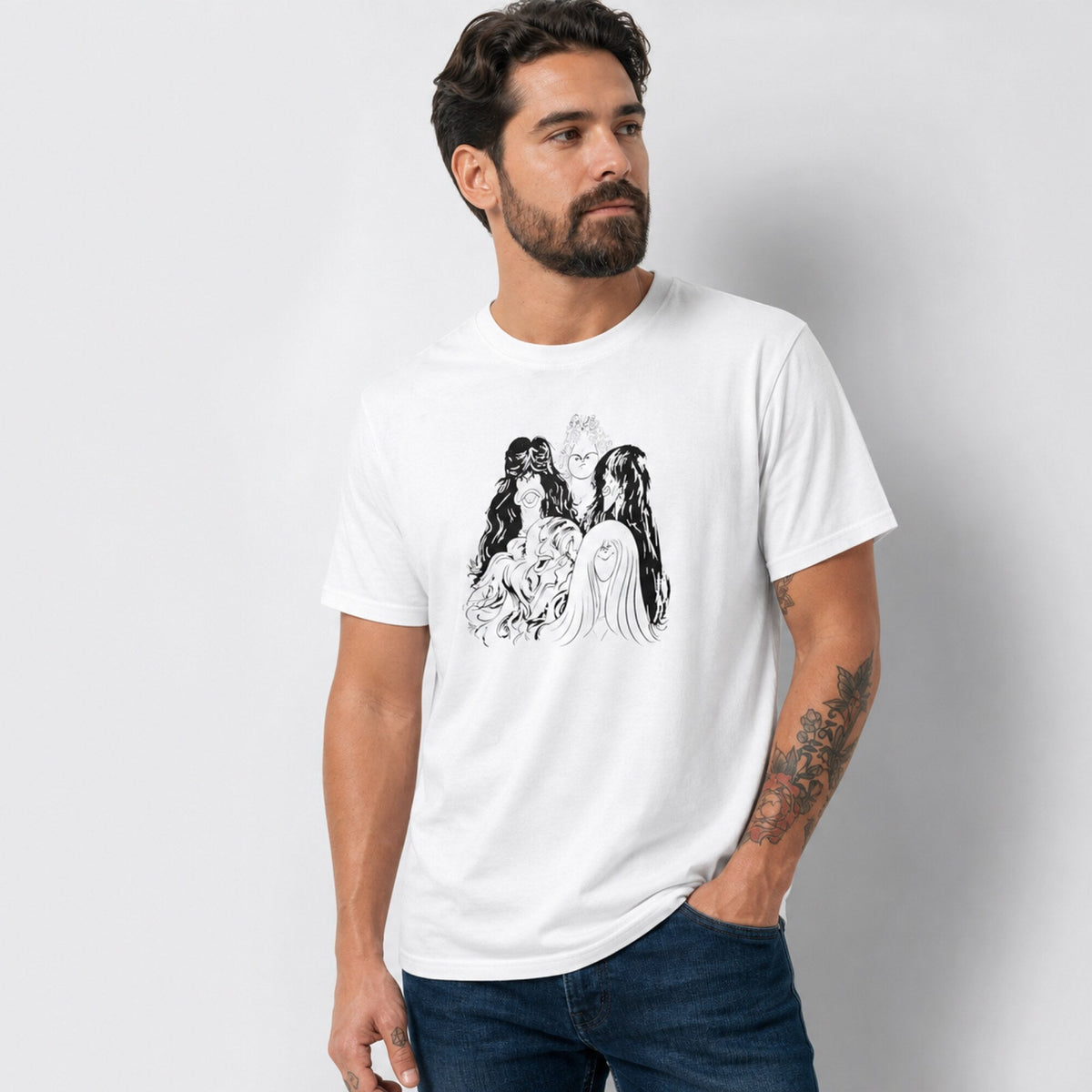 Aerosmith Line Art Band Portrait Tee — worn on model, front