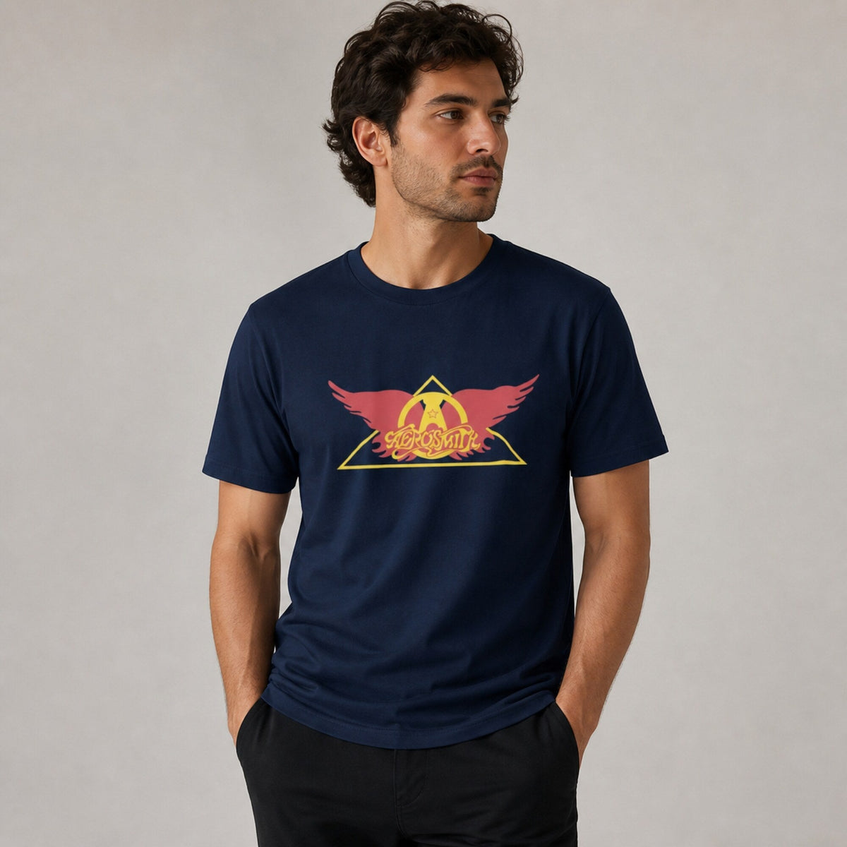 Aerosmith Winged Triangle Logo Tee — worn on model, front