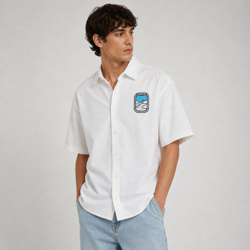 Airplane Into The Clouds Embroidery Oversized Shirt — worn on model, front