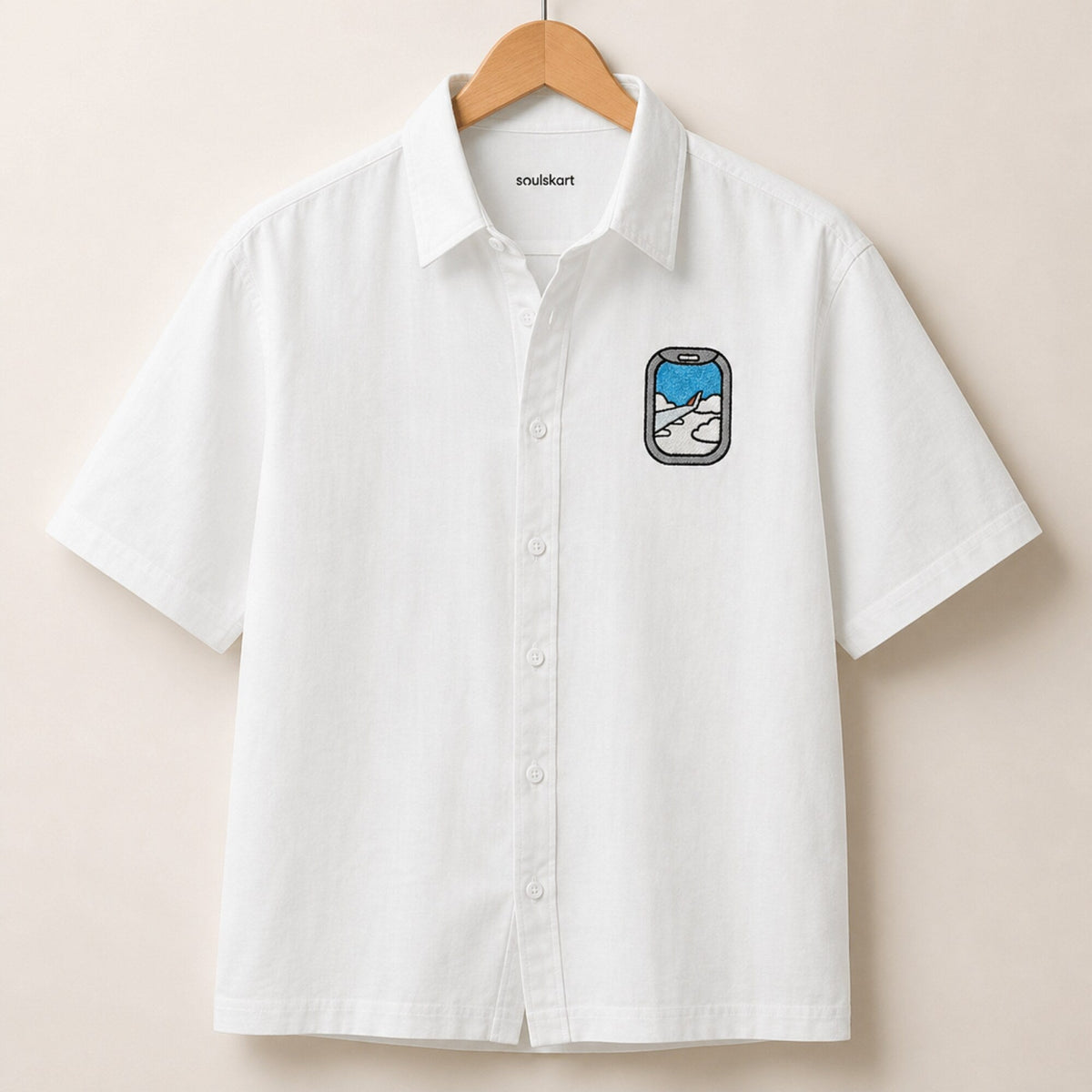 Airplane Into The Clouds Embroidery Oversized Shirt — on hanger