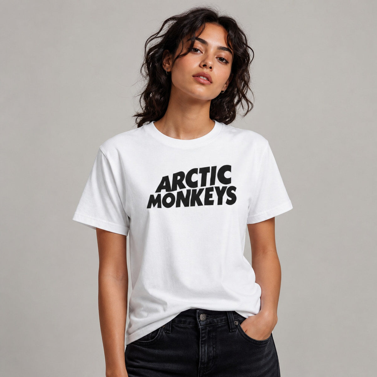 Arctic Monkeys Retro Wordmark Tee — worn on model, front