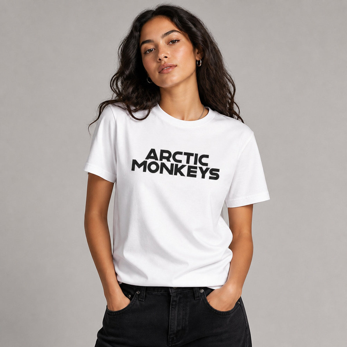 Arctic Monkeys Block Wordmark Tee — worn on model, front