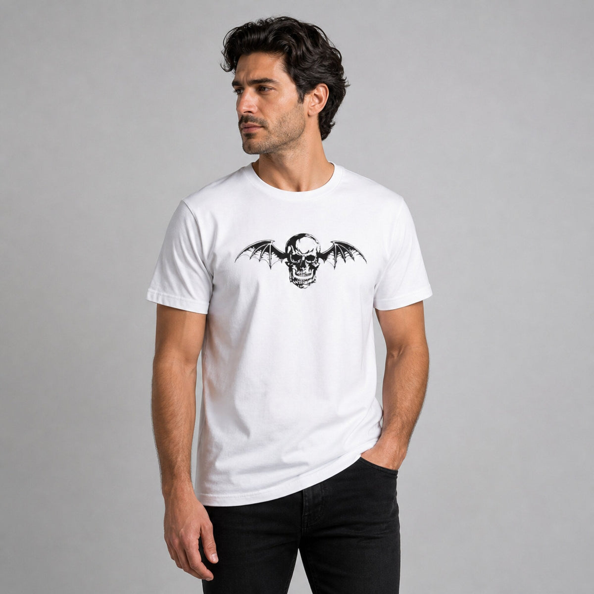 Avenged Sevenfold Deathbat Skull Tee — worn on model, front