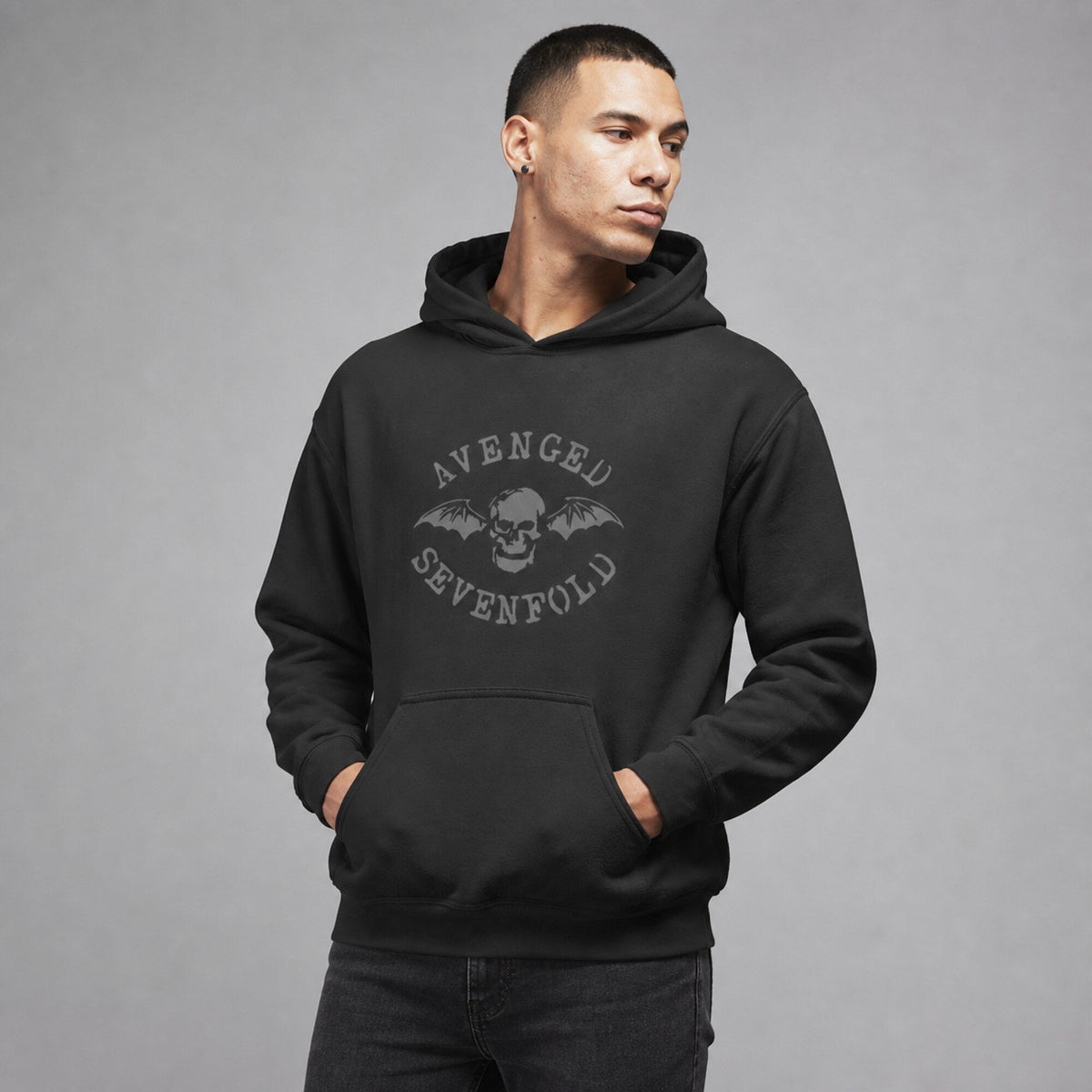 Avenged Sevenfold Unisex Black Hoodie — worn on model, front