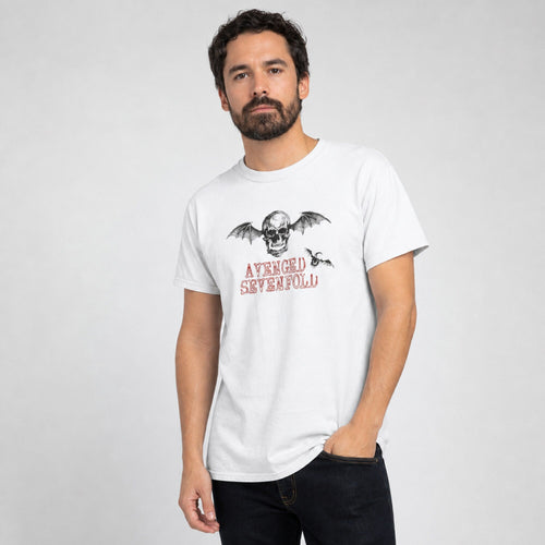 Avenged Sevenfold Deathbat Red Text Tee — worn on model, front