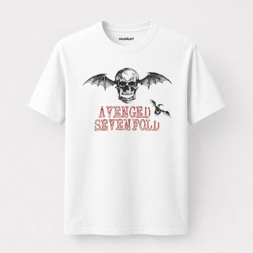 Avenged Sevenfold Deathbat Red Text Tee — front view