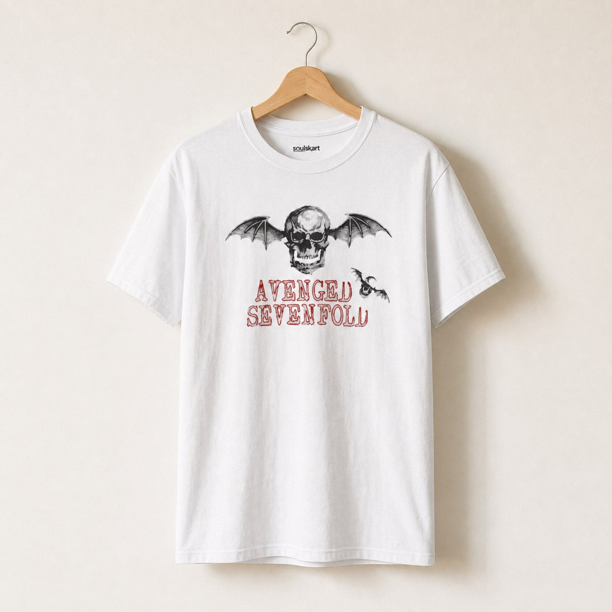 Avenged Sevenfold Deathbat Red Text Tee — on hanger