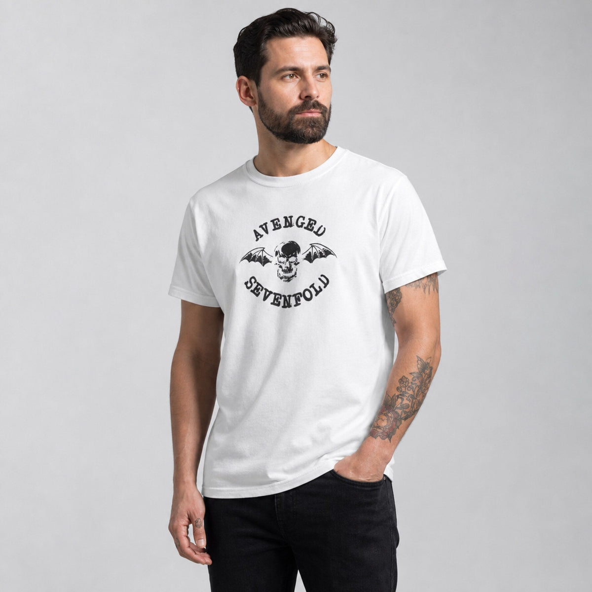 Avenged Sevenfold Deathbat Seal Tee — worn on model, front