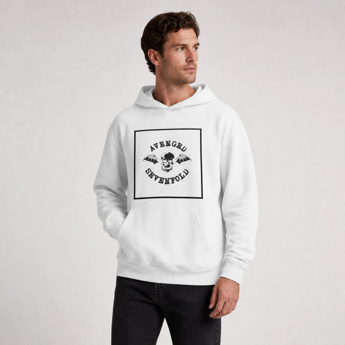 Avenged Sevenfold Unisex White Hoodie — worn on model, front