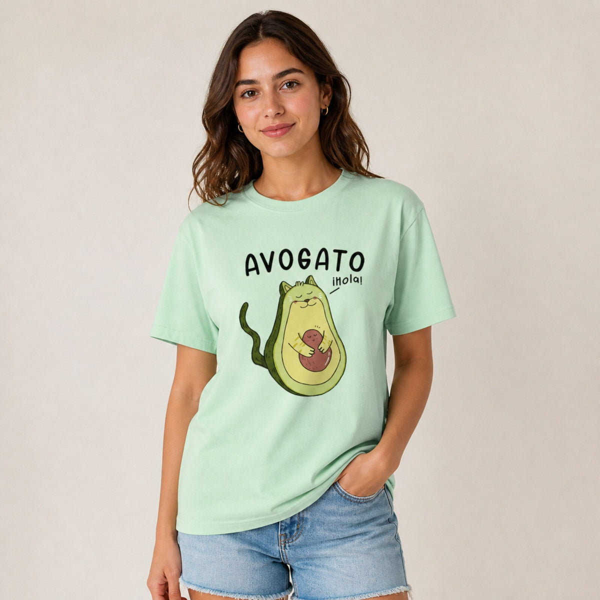 Avogato Cat Unisex Printed T-Shirt — worn on model, front