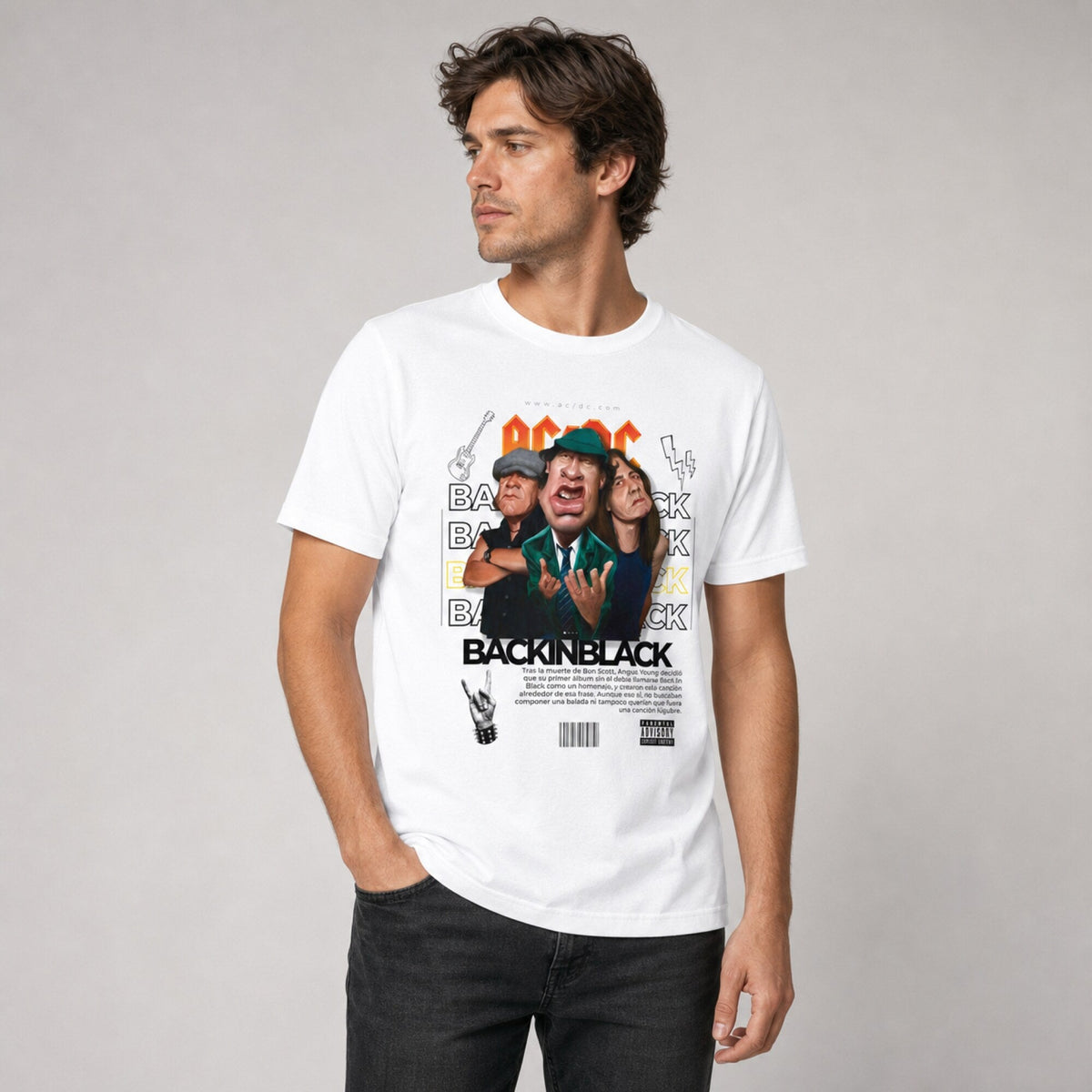 Back in Black ACDC Graphic T-Shirt — worn on model, front