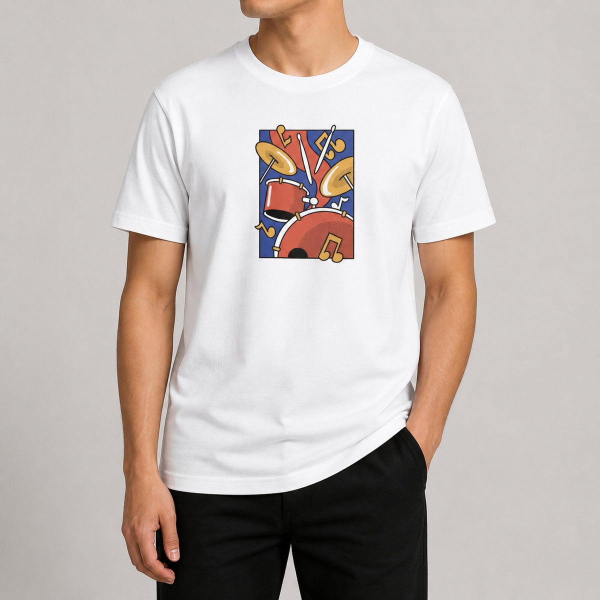 Beat It! Unisex Drum-Print Tee — worn on model, front