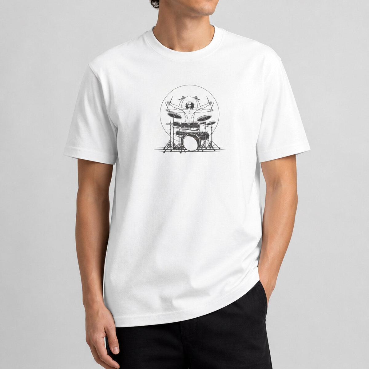 Beat It! Unisex Drummer Tee — worn on model, front