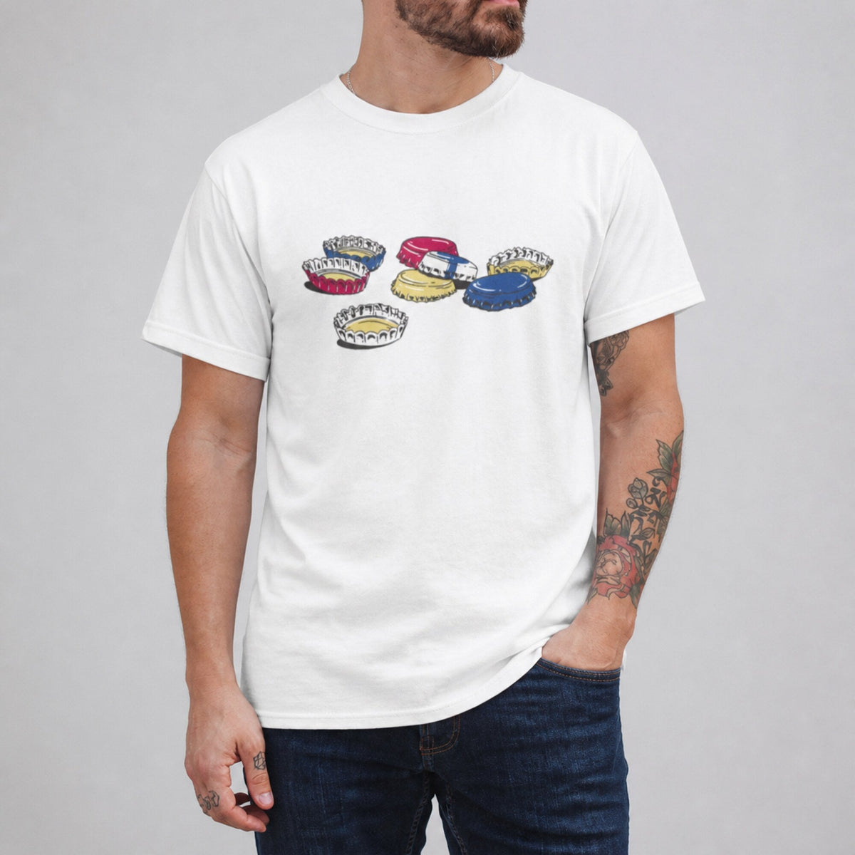 Beer Caps Unisex T-Shirt — worn on model, front