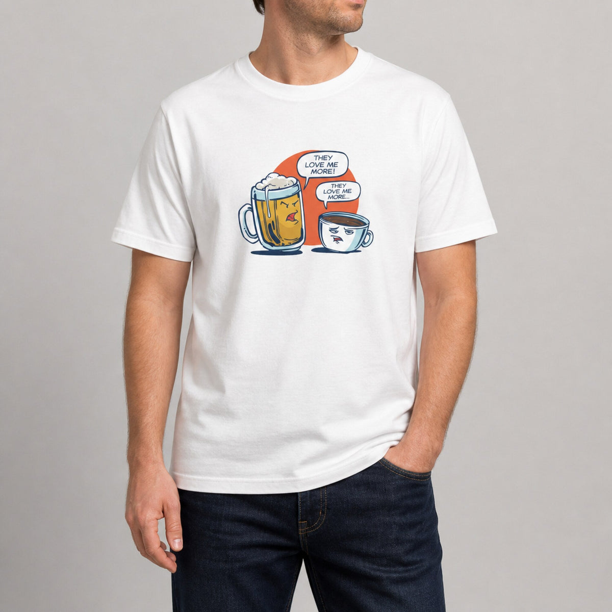Beer vs Coffee Showdown Tee — worn on model, front