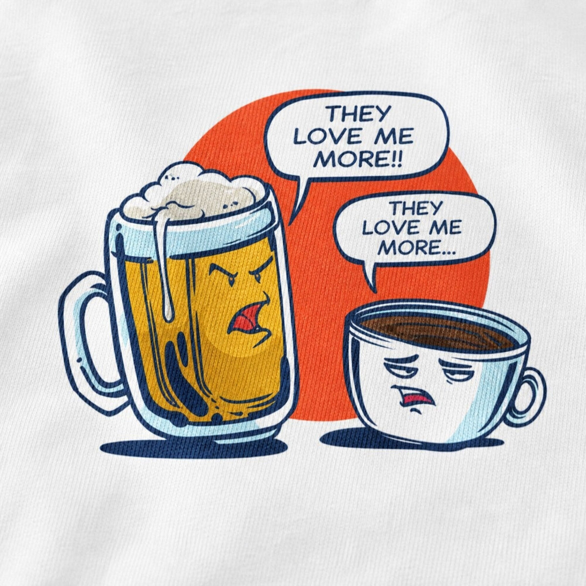 Beer vs Coffee Showdown Tee — print detail close-up