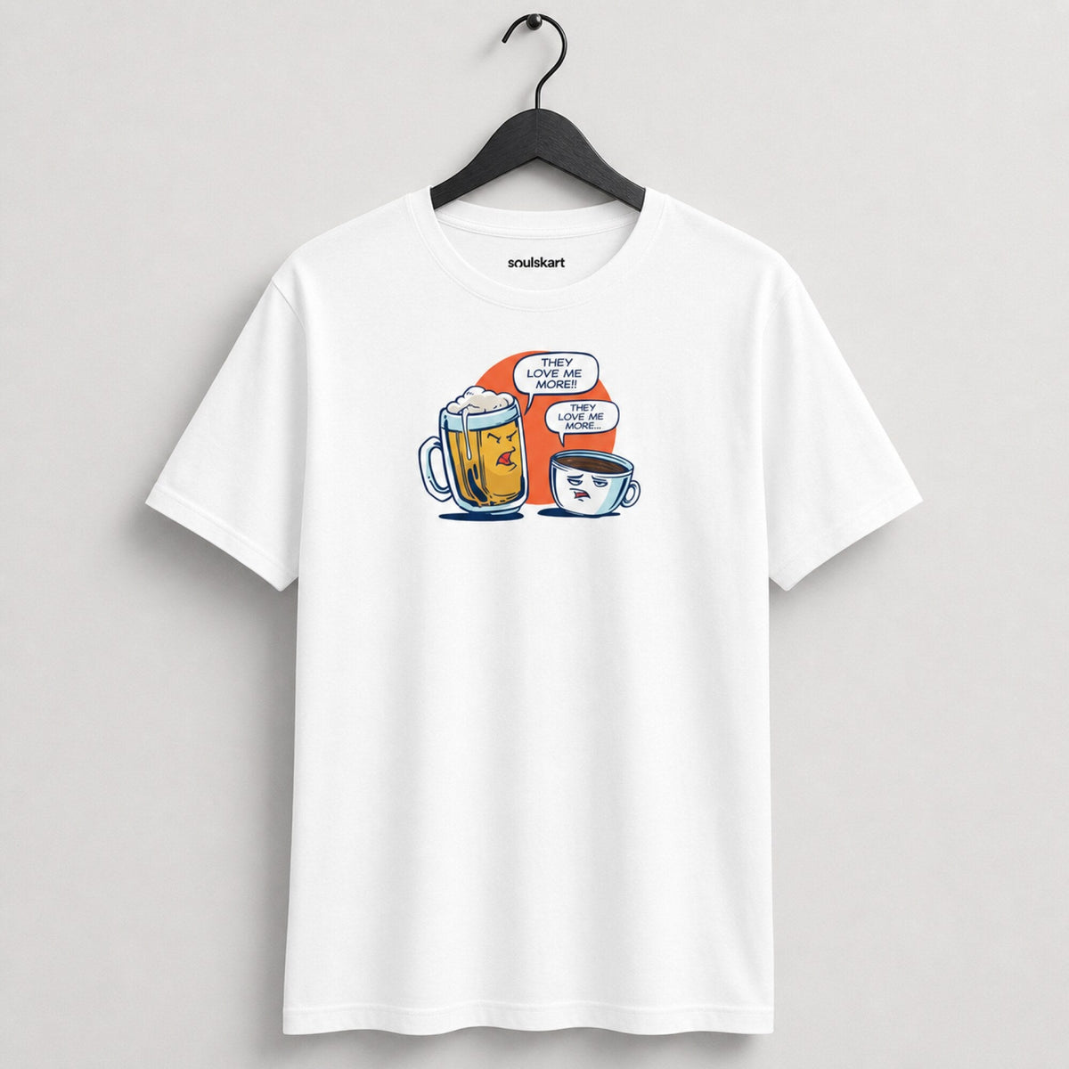 Beer vs Coffee Showdown Tee — on hanger
