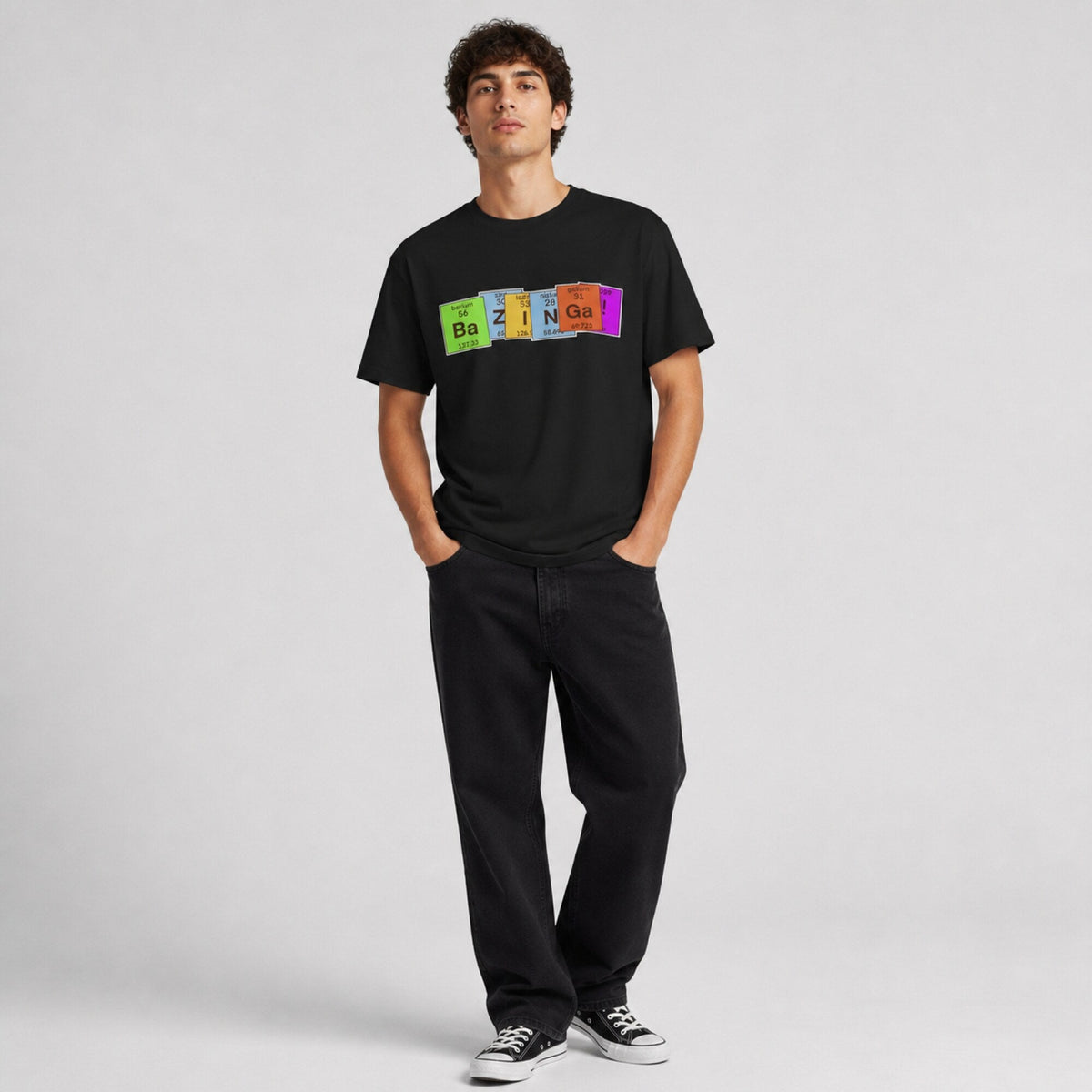 Big Bang Theory Bazinga! Graphic Tee — worn on model, front