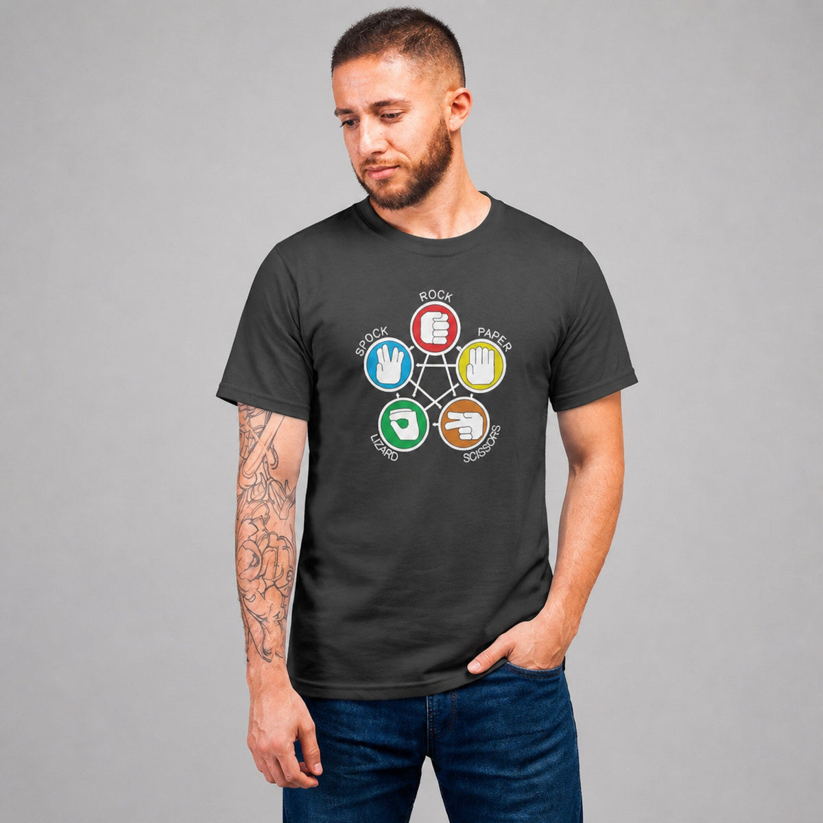 Big Bang Theory Rock Paper Scissors Lizard Spock Tee — worn on model, front