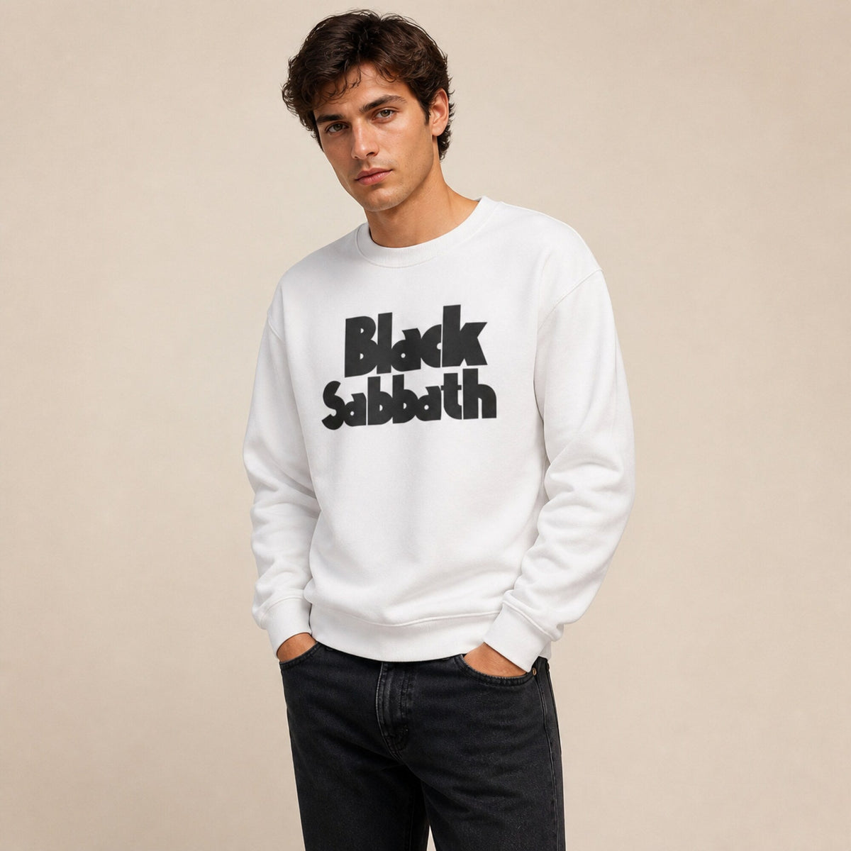 Black Sabbath Unisex Premium Sweatshirt — worn on model, front