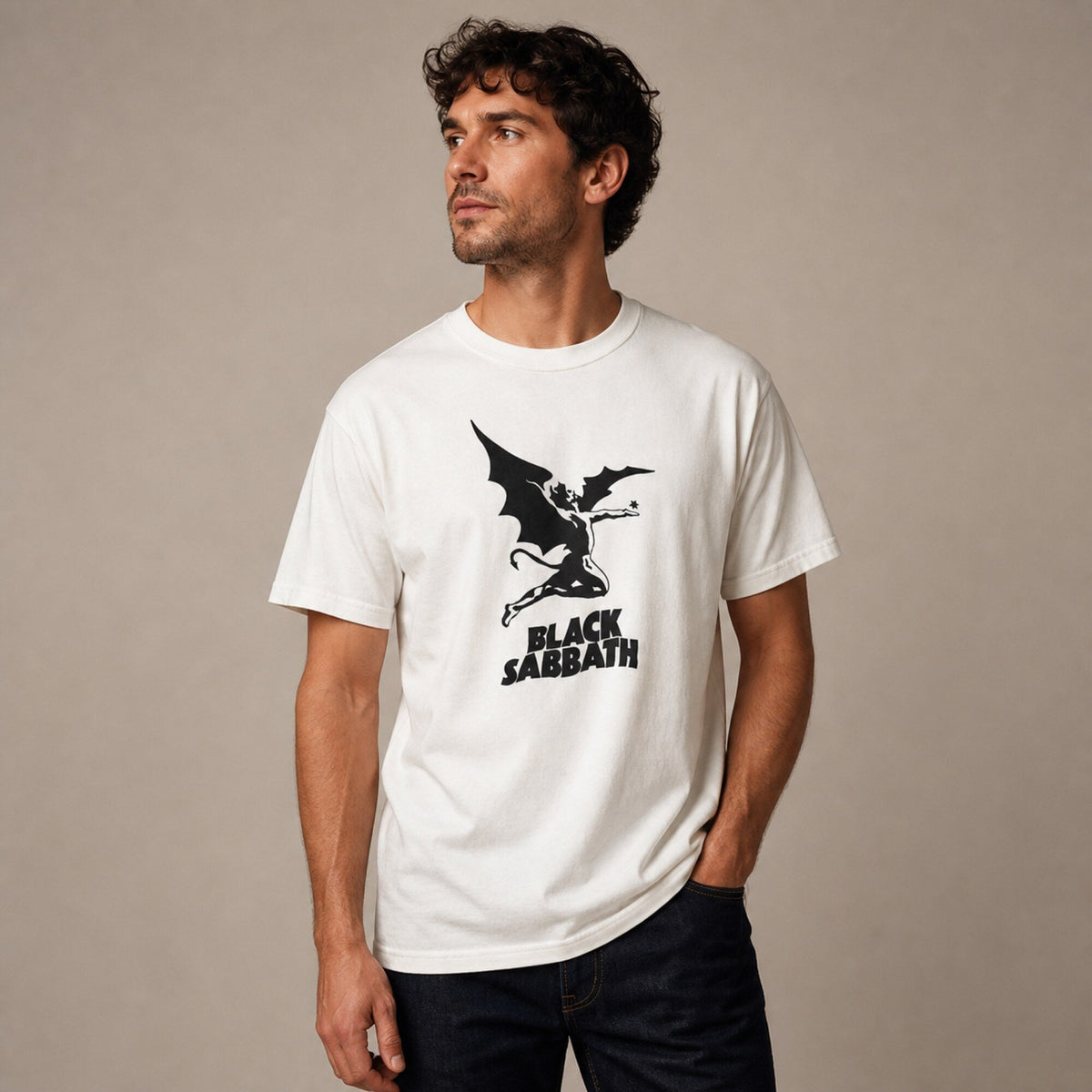 Black Sabbath Flying Demon Tee — worn on model, front