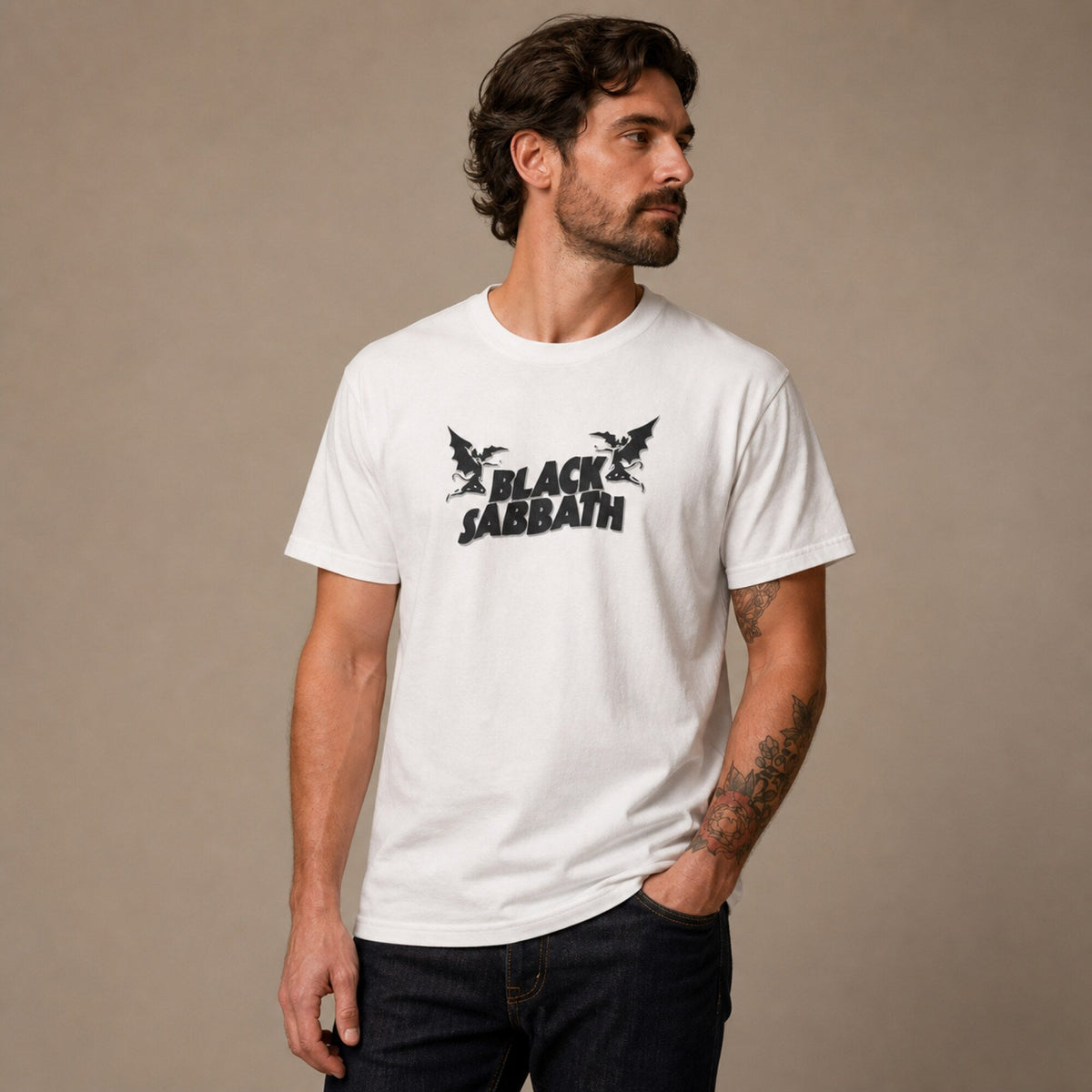Black Sabbath Twin Demons Logo Tee — worn on model, front