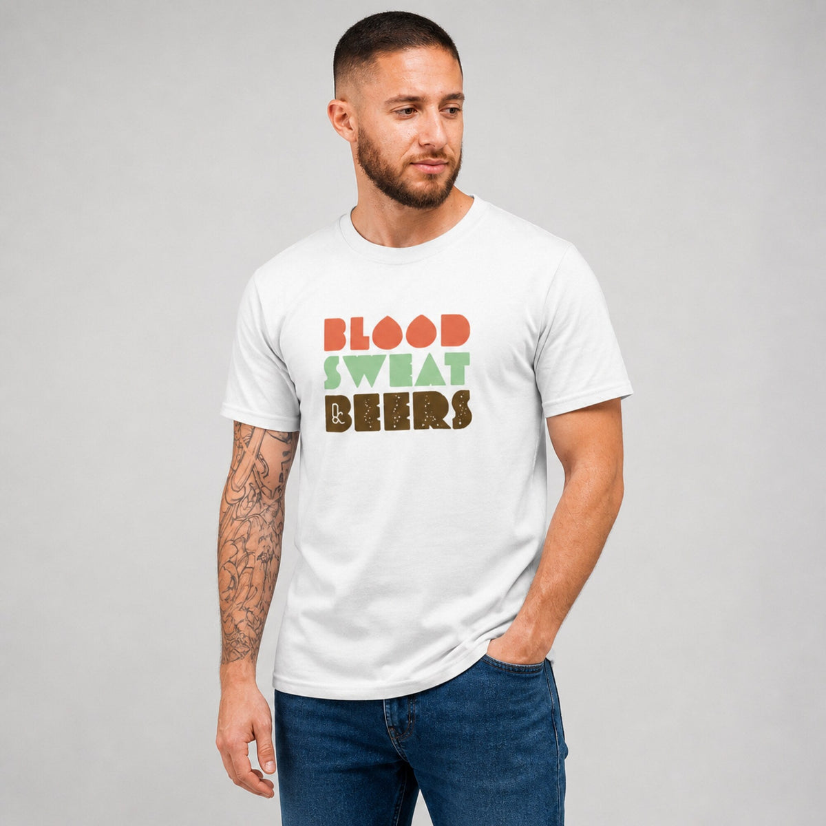 Blood Sweat Beers Unisex T-Shirt — worn on model, front