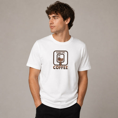 Blood Type: Coffee Unisex Tee — worn on model, front