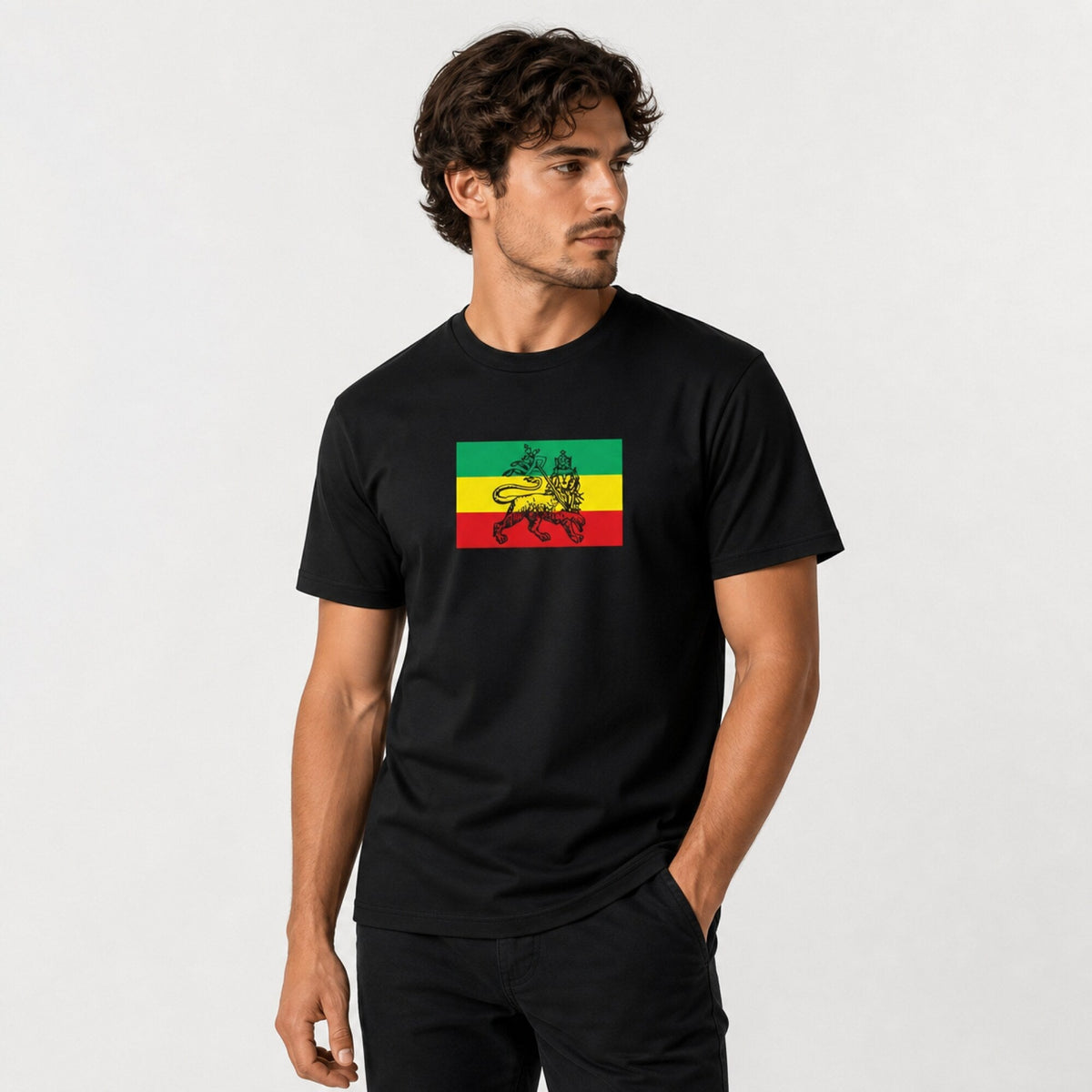 Bob Marley Flag Tee — worn on model, front