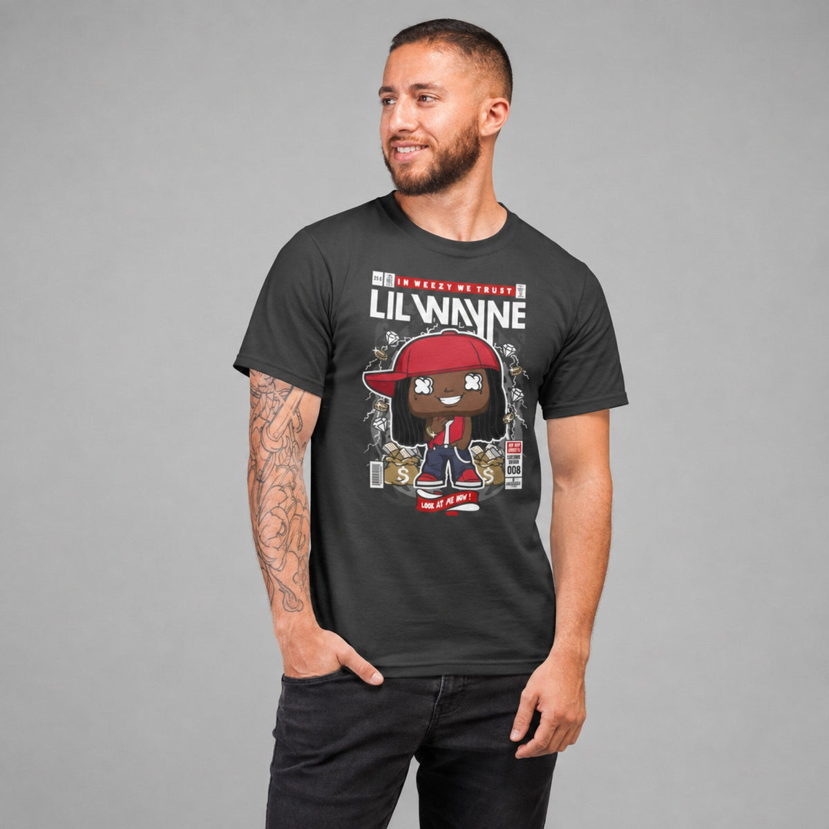 Lil Wayne Pop Art Unisex T-Shirt — worn on model, front