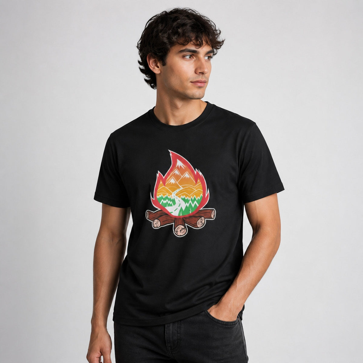 Bonfire Unisex T-Shirt — worn on model, front
