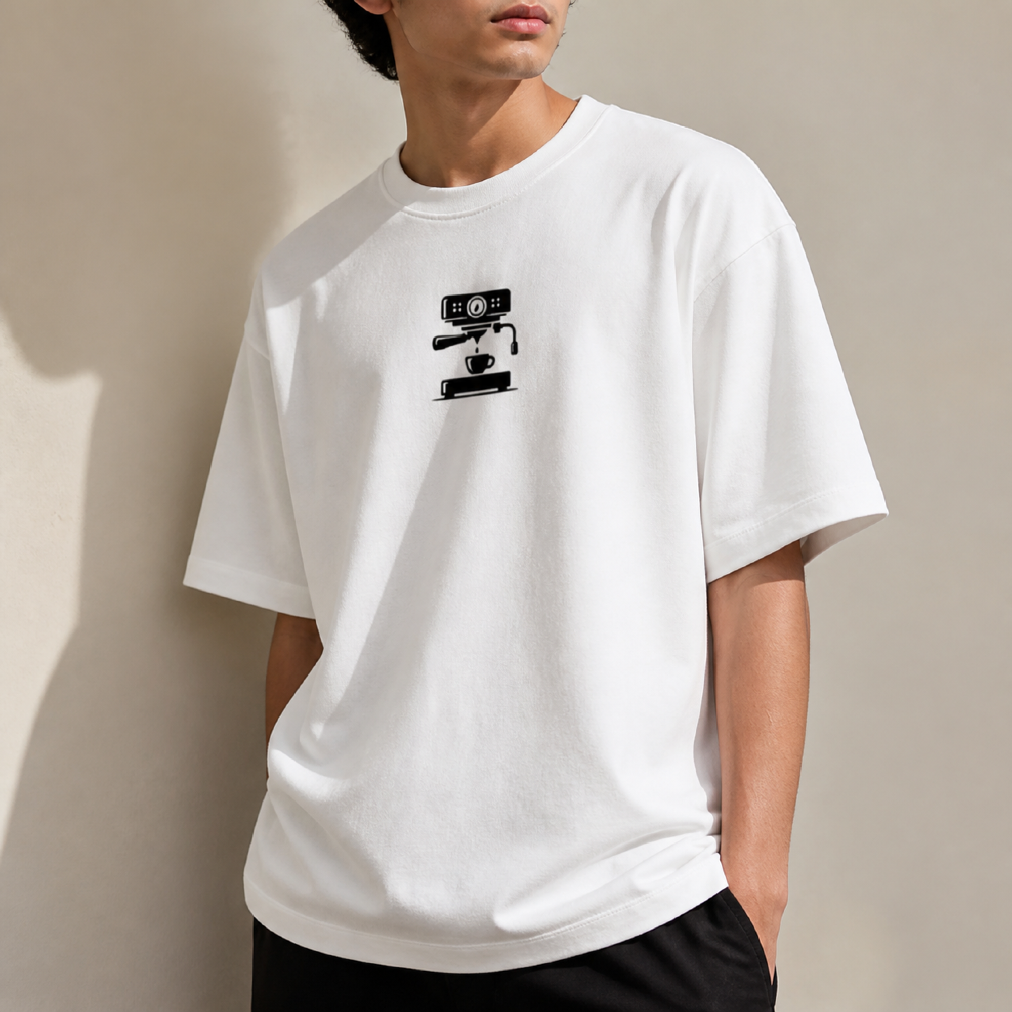 Brew Up Some Comfort: Oversized Coffee Machine Slouch Tee