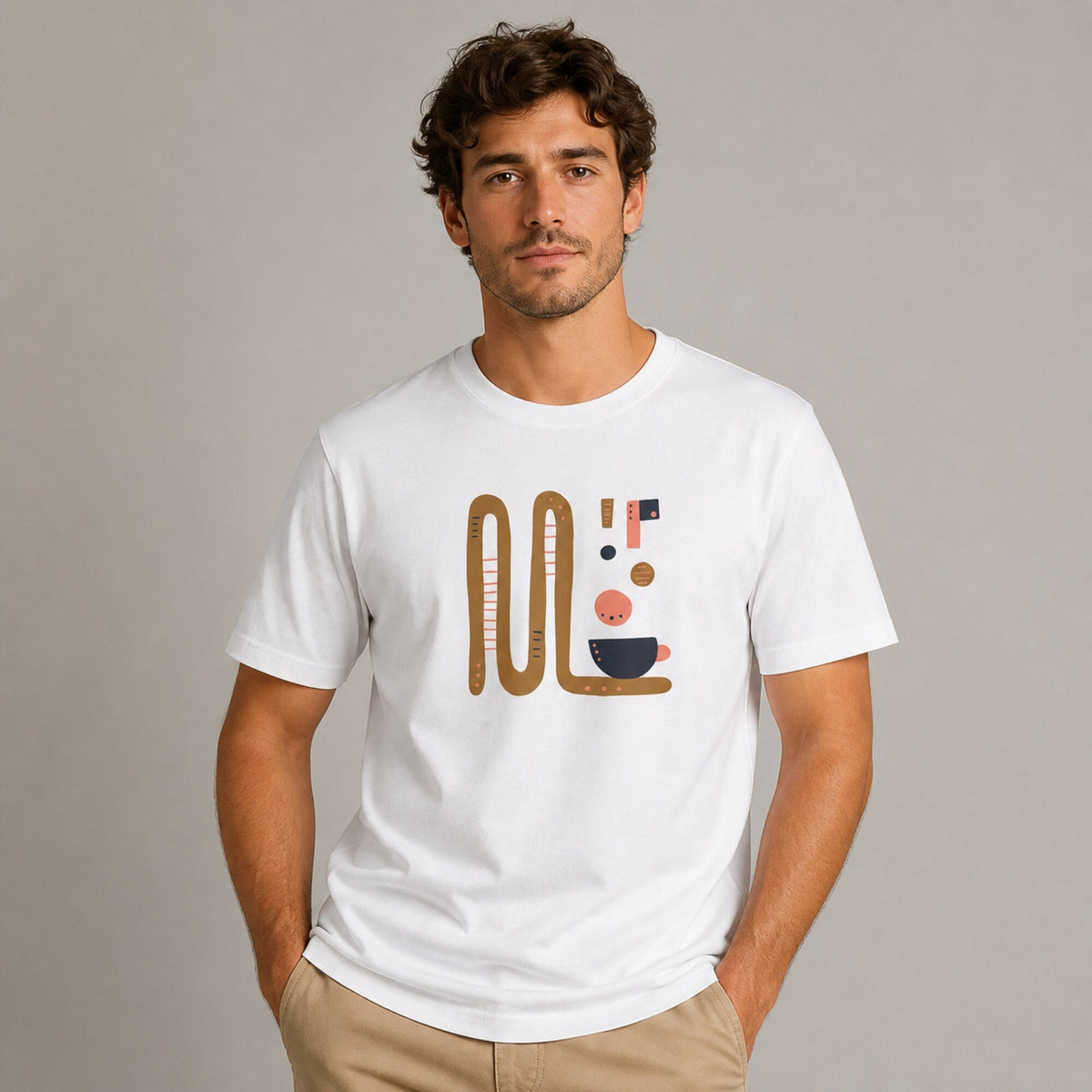 Abstract Coffee Cup Squiggle Tee — worn on model, front