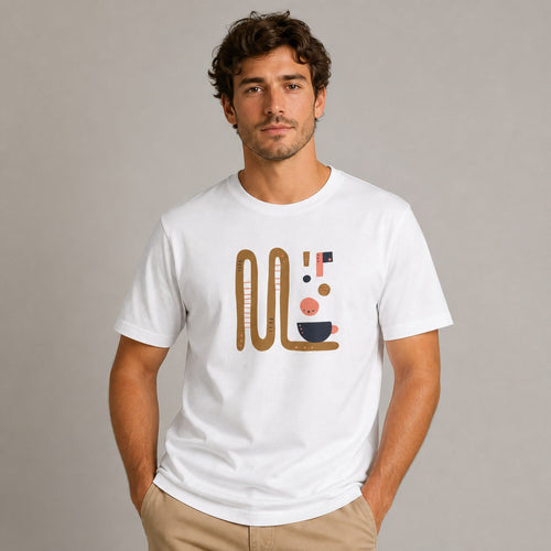 Abstract Coffee Cup Squiggle Tee — worn on model, front