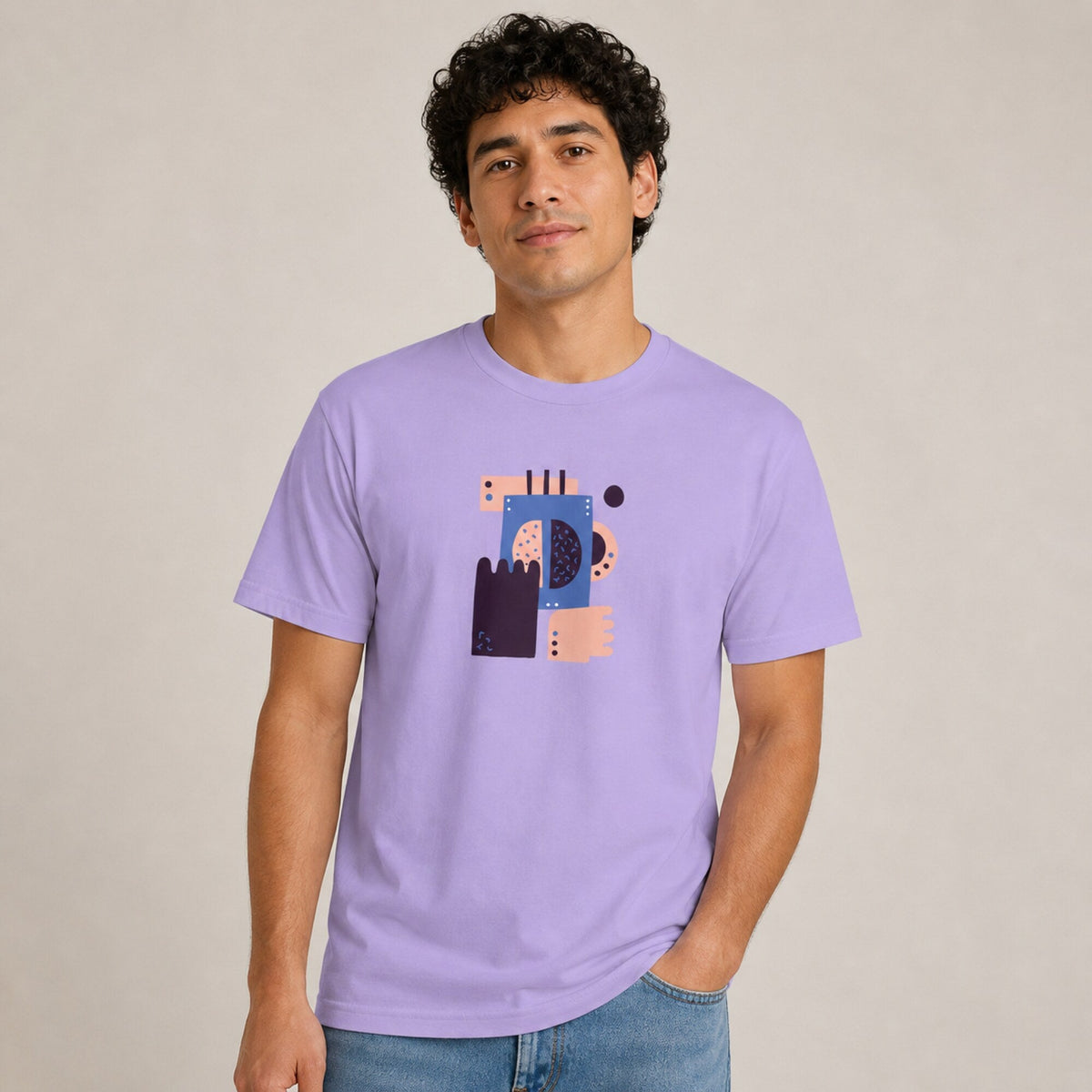 Abstract Coffee Block Print Tee — worn on model, front