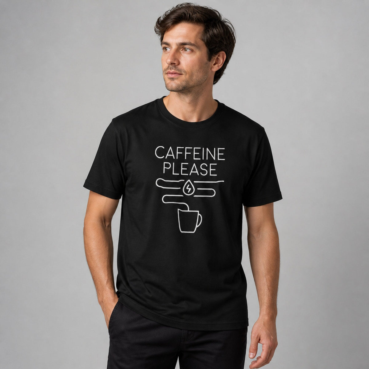 Caffeine Please Graphic T-Shirt — worn on model, front