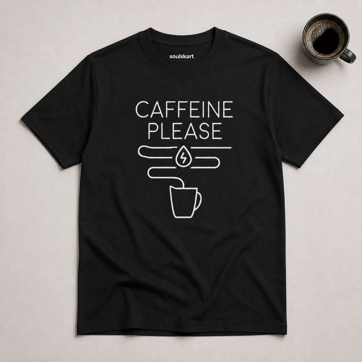 Caffeine Please Graphic T-Shirt — on hanger