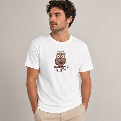Caffeine-Powered Unisex Tee — worn on model, front