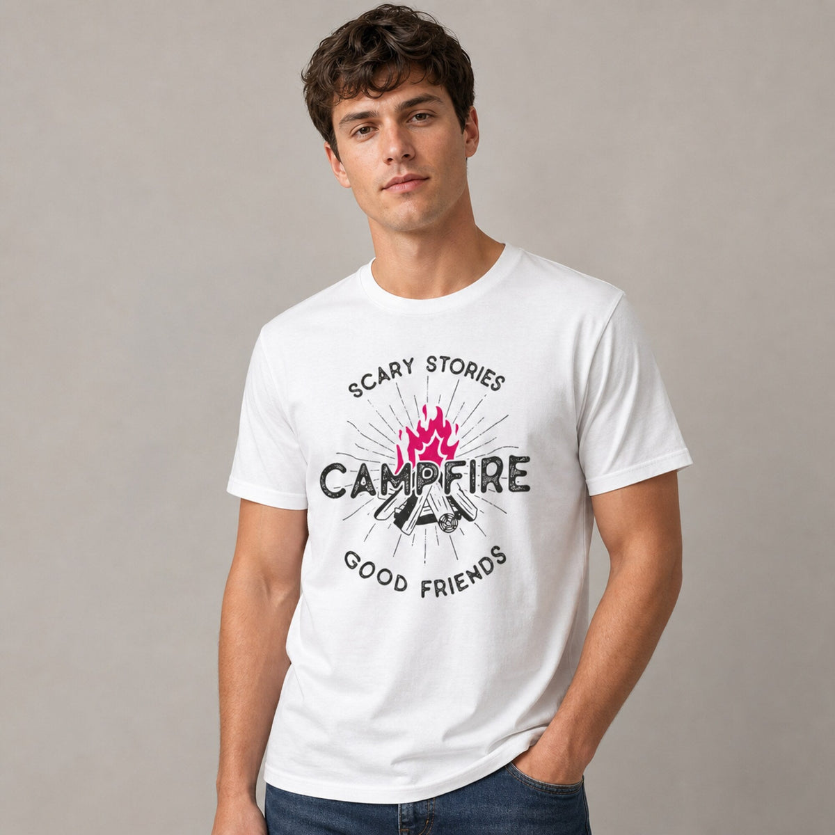 Campfire Unisex T-Shirt — worn on model, front