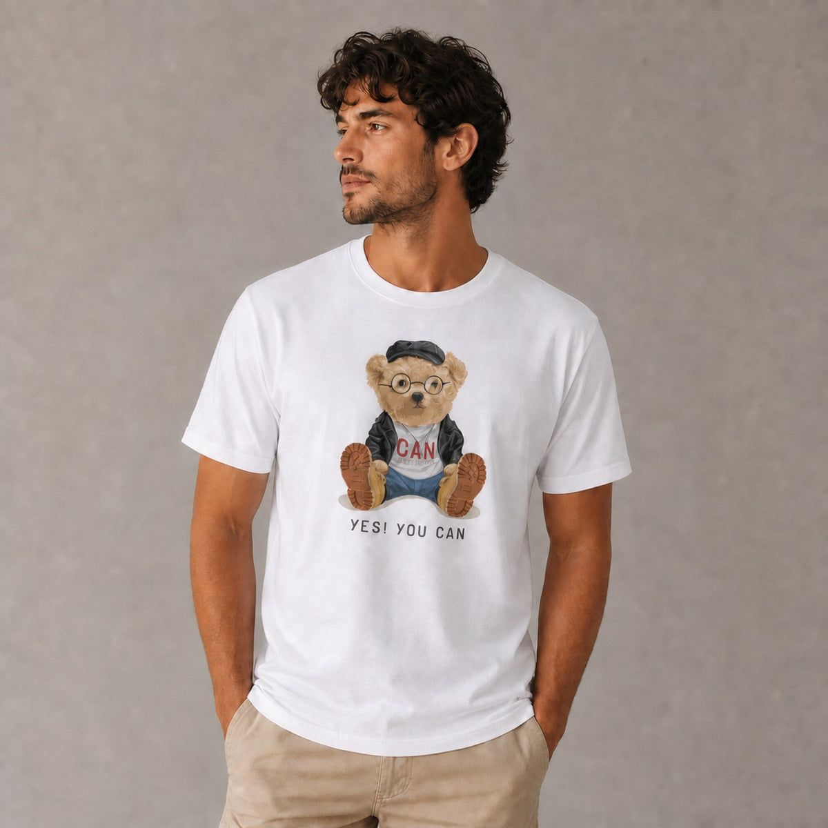 Can Attitude Unisex Streetwear Tee — worn on model, front