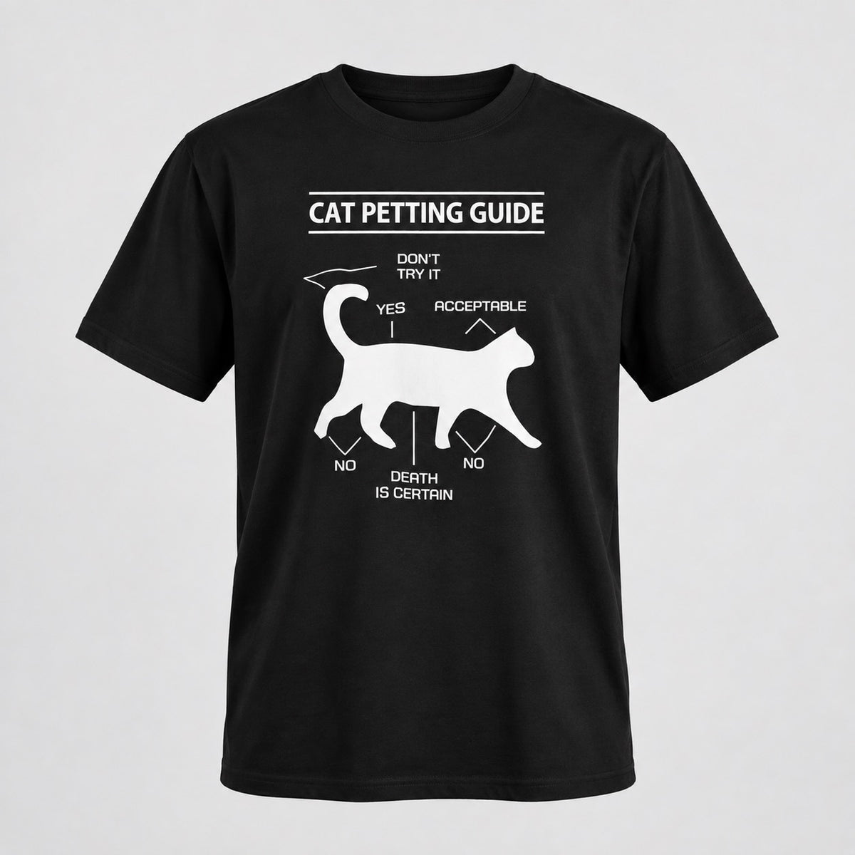 Cat Petting Guide black tee, ghost mannequin front