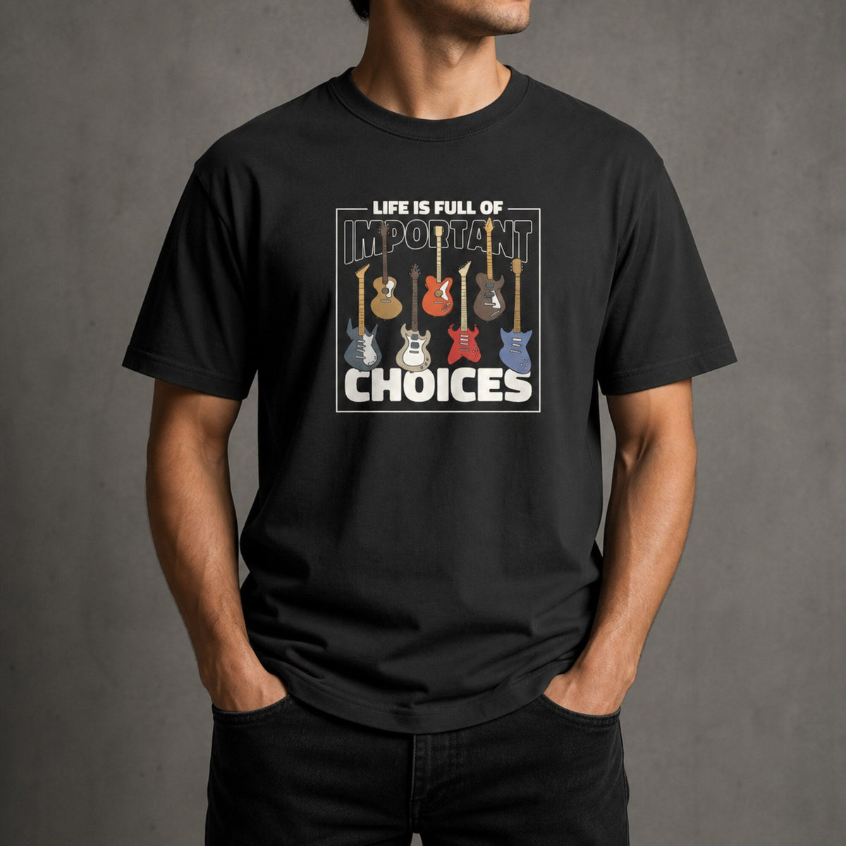 Choose Wisely Electric Guitar Tee — worn on model, front